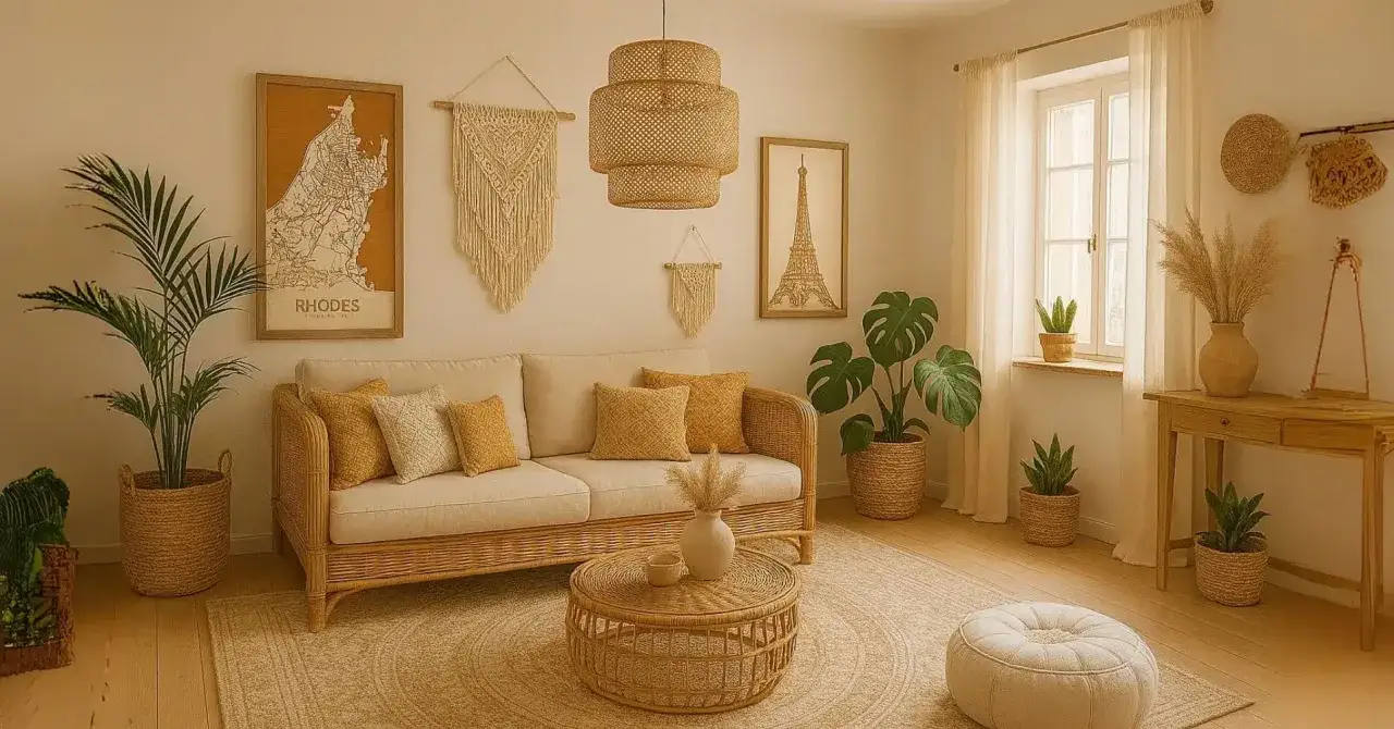 Przytulny salon boho z wiklinową sofą, makramami na ścianie i mapą Rodos. Wnętrze rozświetla naturalne światło wpadające przez okno.