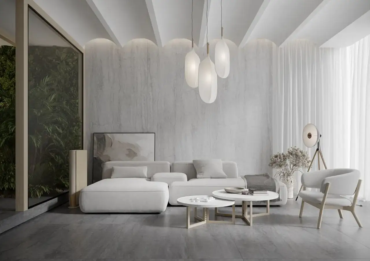 Nowoczesny salon z betonową ścianą i designerskim sufitem. Inspiracja, jak wykończyć sufit w salonie, by stworzyć minimalistyczną przestrzeń.