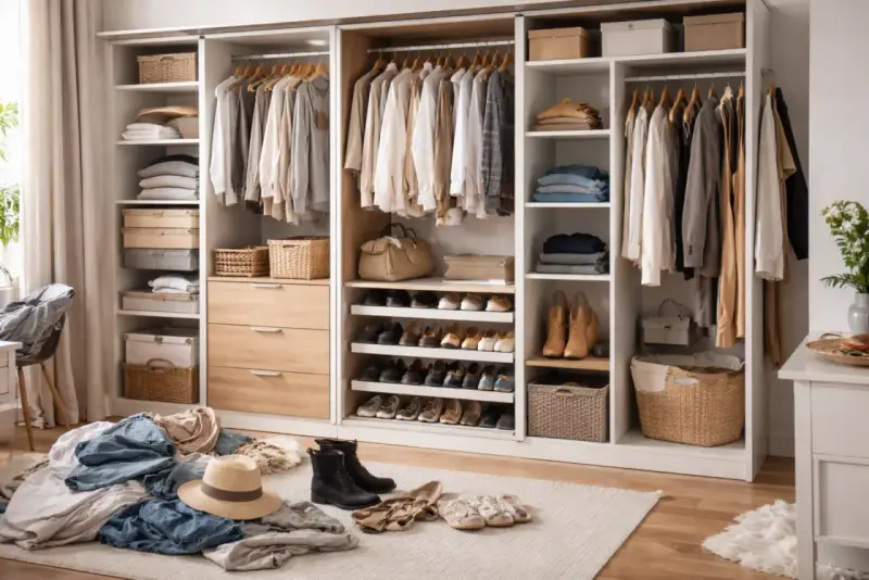Zorganizowana garderoba z szafami pod zabudowę IKEA. Ubrania wiszą na wieszakach, a buty i akcesoria są poukładane na półkach i w koszach.