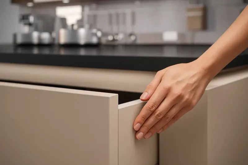Dłoń otwiera szufladę z frontami kuchennymi antifinger. Czystość i elegancja w kuchni.